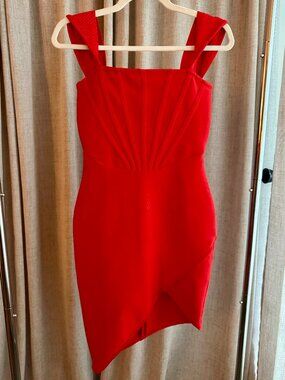 Red Asymmetrical Bodycon Midi Dress with Square Neckline- Shein- Small